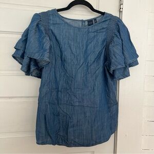 Kaari Blue women's denim chambray top ruffle sleeves smocked shoulder detail